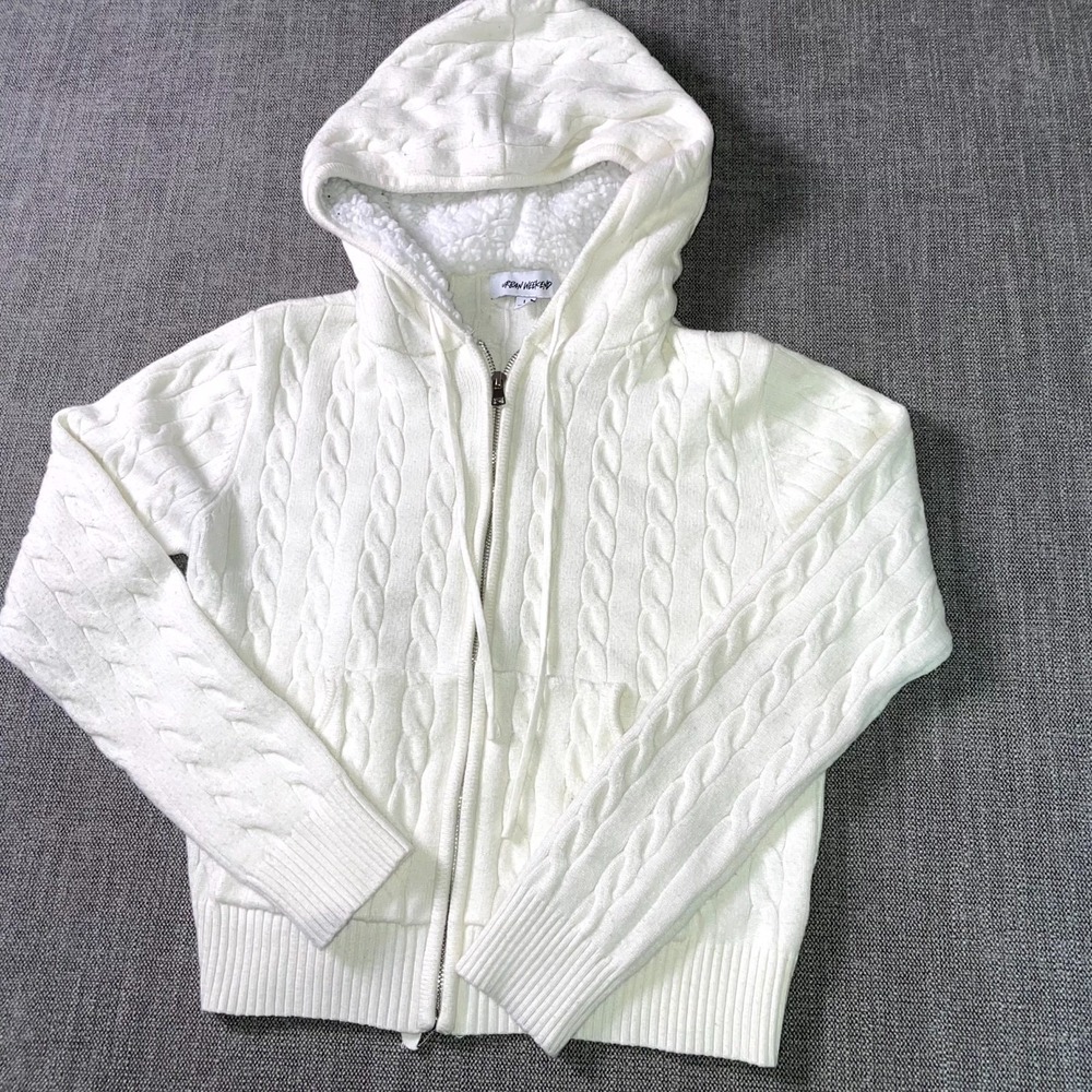 Urban Weekend Crop Hoodie Womens Large White Cable Knit Ribbed Full Zip Thermal